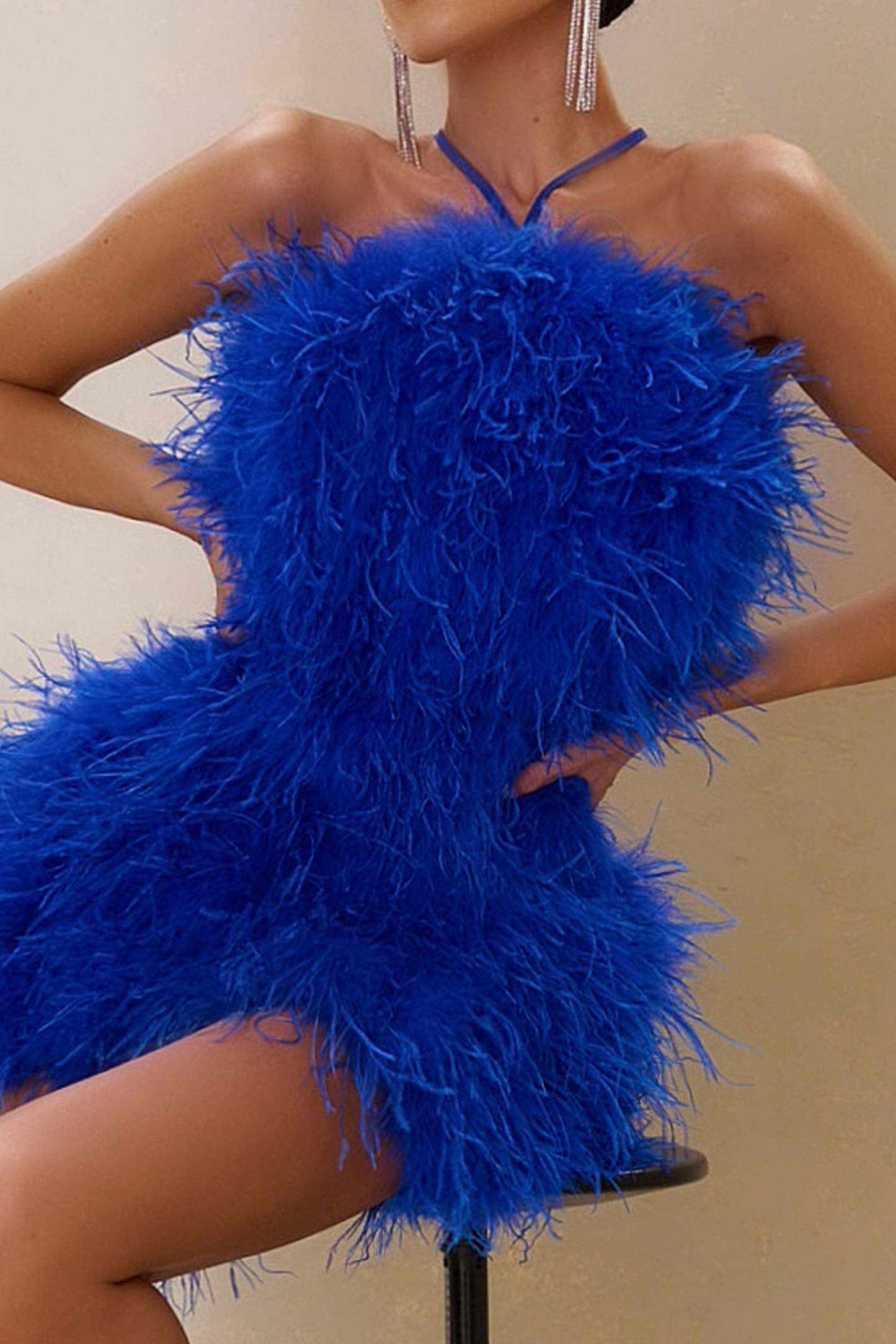 Power Up Cobalt Blue Feather Halter Neck Mini Dress-Fashionmomo.All Rights Reserved