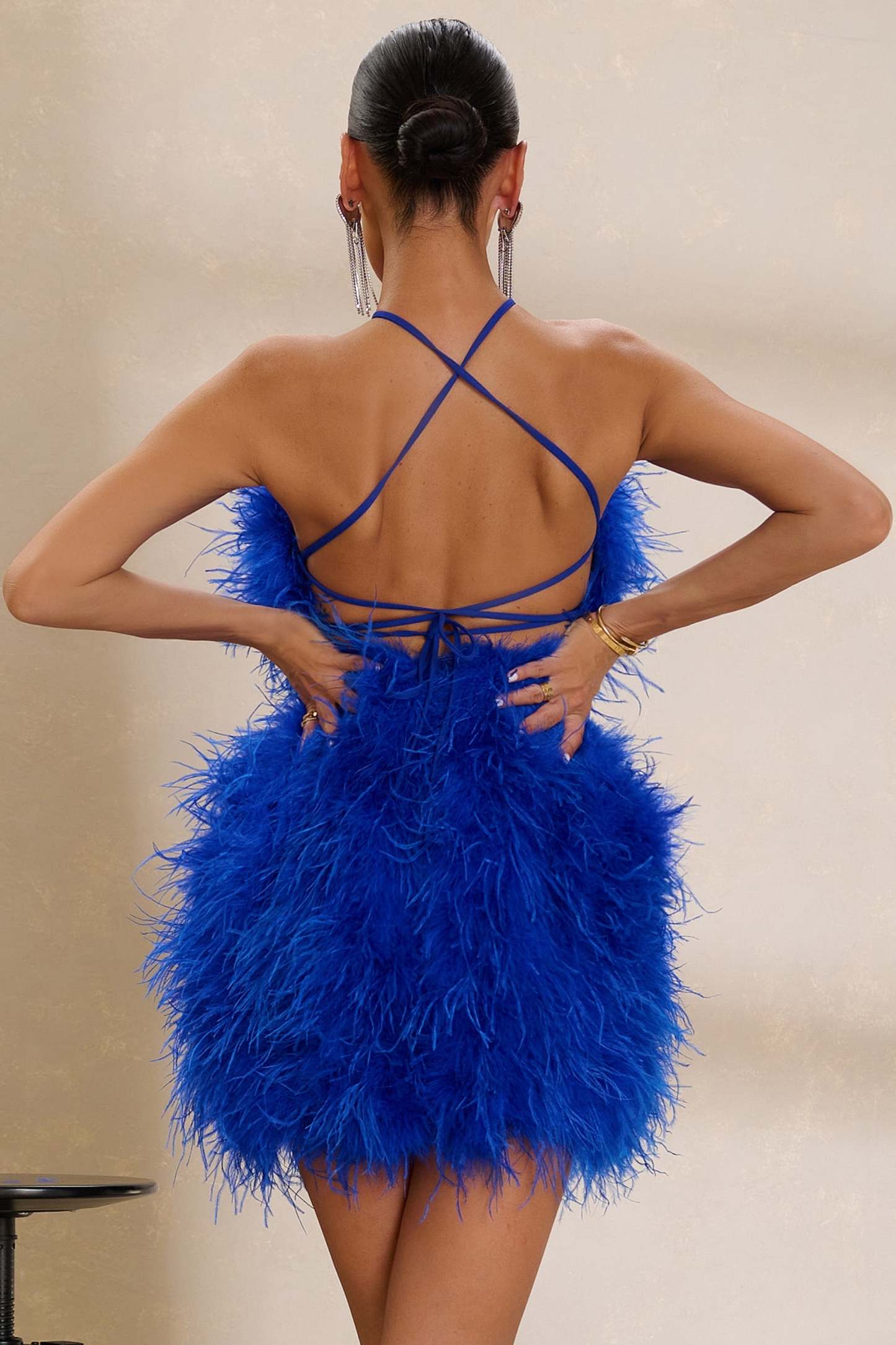 Power Up Cobalt Blue Feather Halter Neck Mini Dress-Fashionmomo.All Rights Reserved