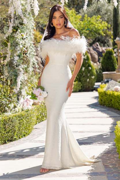 Idyll White Lace Bardot Feather Fishtail Maxi Dress-Fashionmomo.All Rights Reserved