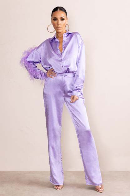 Evening Memories Lilac Satin Wide Leg Trousers-Fashionmomo.All Rights Reserved