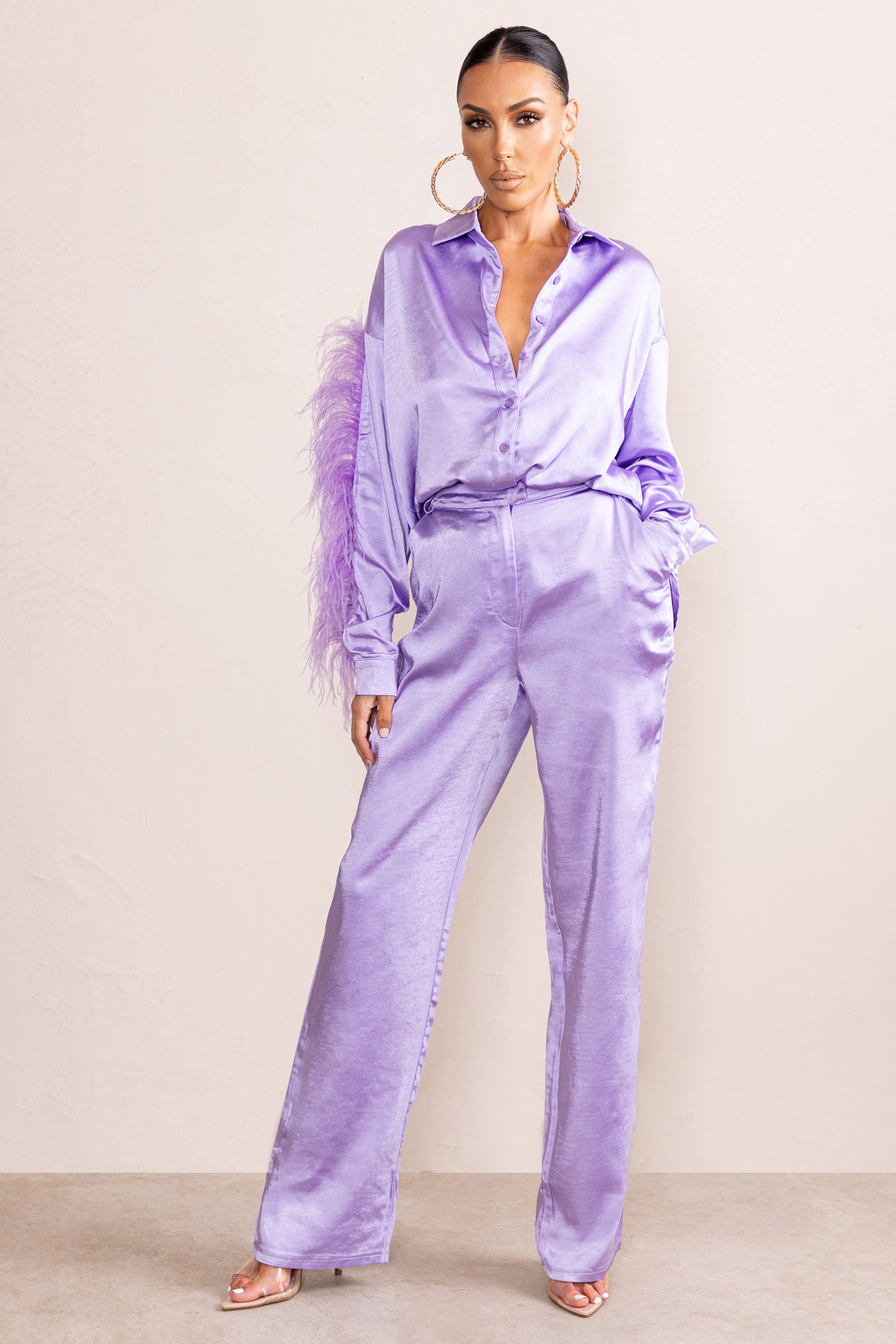 Evening Memories Lilac Satin Wide Leg Trousers-Fashionmomo.All Rights Reserved