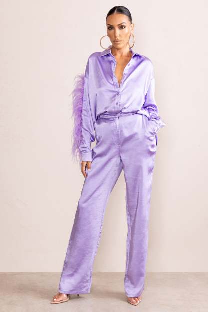 Evening Memories Lilac Satin Wide Leg Trousers-Fashionmomo.All Rights Reserved