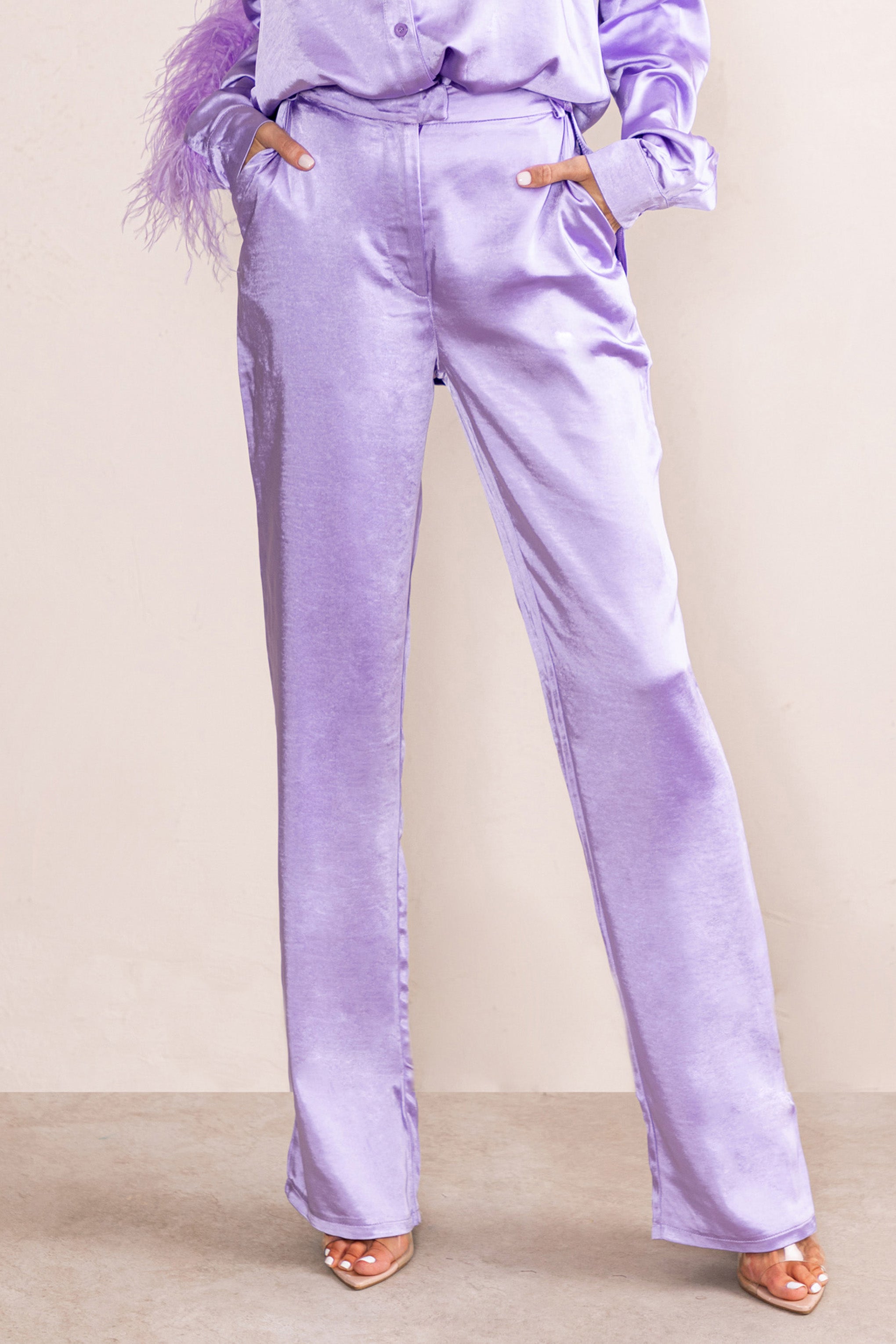 Evening Memories Lilac Satin Wide Leg Trousers-Fashionmomo.All Rights Reserved