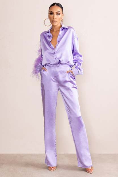 Evening Memories Lilac Satin Wide Leg Trousers-Fashionmomo.All Rights Reserved