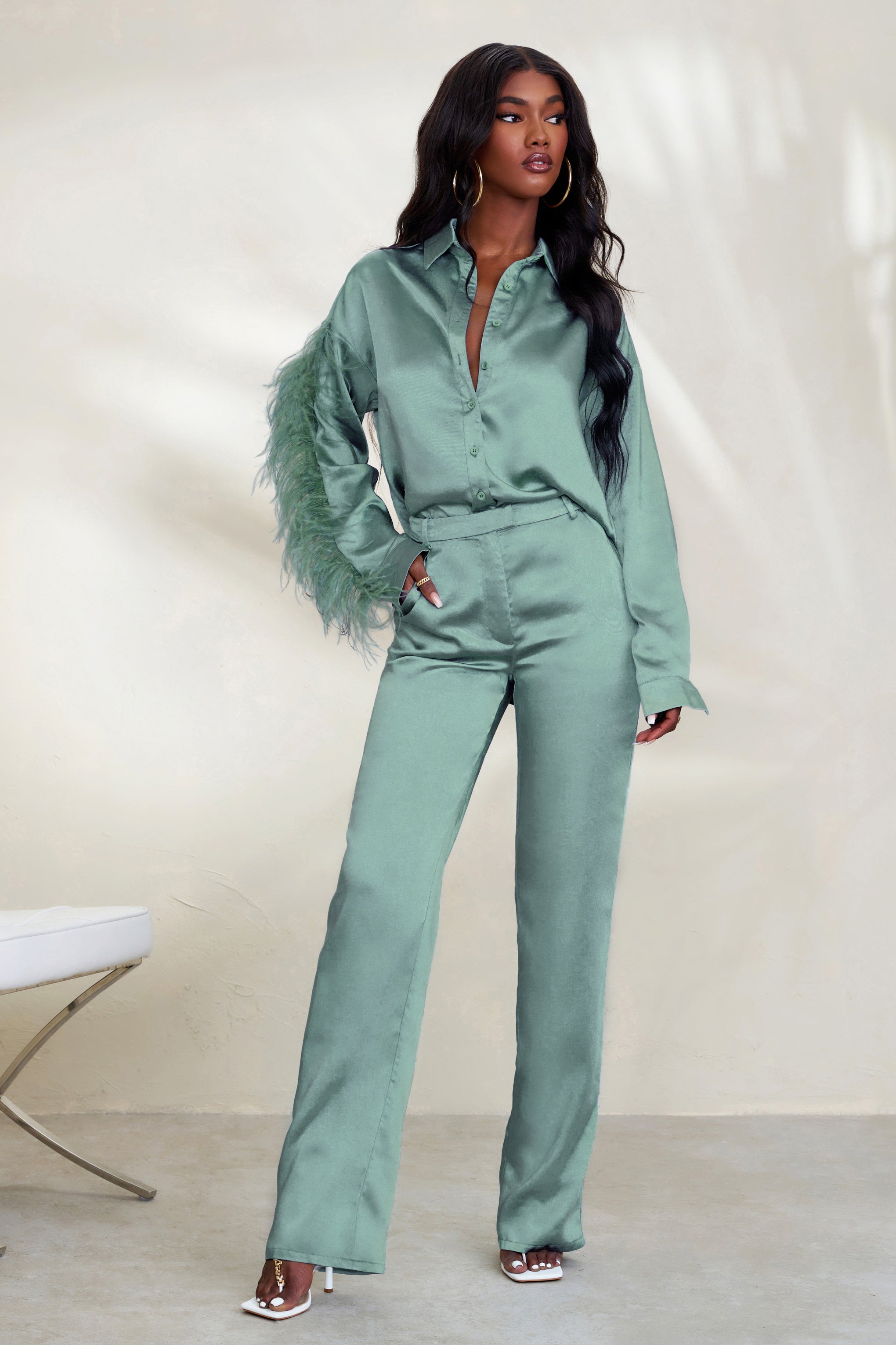 Evening Memories Duck Egg Blue Satin Wide Leg Trousers-Fashionmomo.All Rights Reserved
