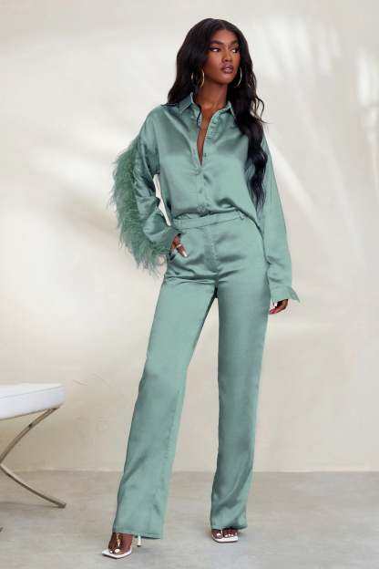 Evening Memories Duck Egg Blue Satin Wide Leg Trousers-Fashionmomo.All Rights Reserved