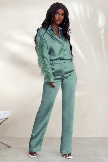 Evening Memories Duck Egg Blue Satin Wide Leg Trousers-Fashionmomo.All Rights Reserved