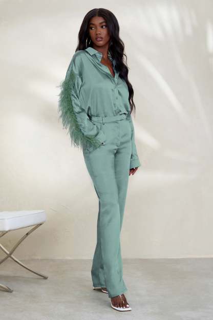 Evening Memories Duck Egg Blue Satin Wide Leg Trousers-Fashionmomo.All Rights Reserved