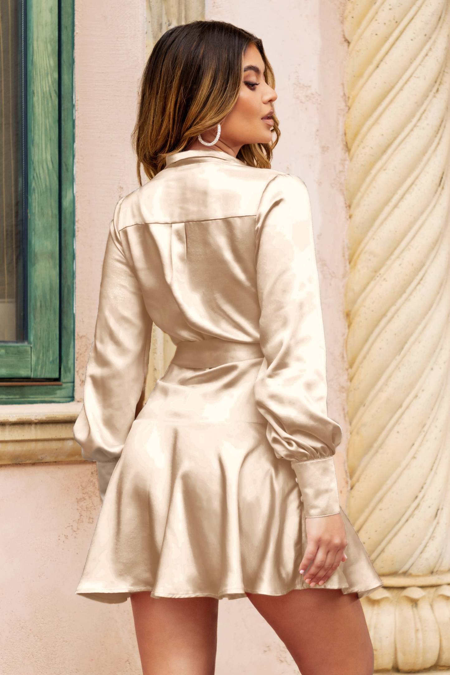 Gemstone Champagne Satin Belted Wrap Mini Dress-Fashionmomo.All Rights Reserved