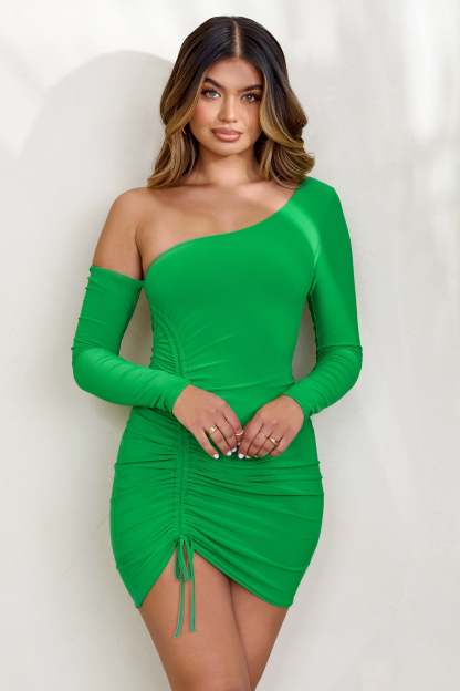 French Riviera Apple Green Asymmetric Neck Ruched Mini Dress-Fashionmomo.All Rights Reserved