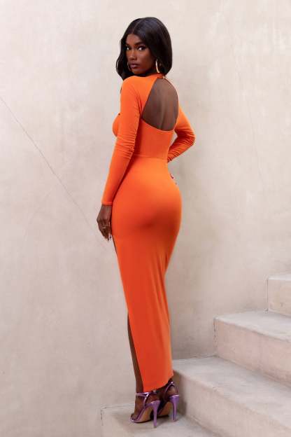 Athens Orange Halter Neck Cut Out Maxi Dress With Thigh Split-Fashionmomo.All Rights Reserved