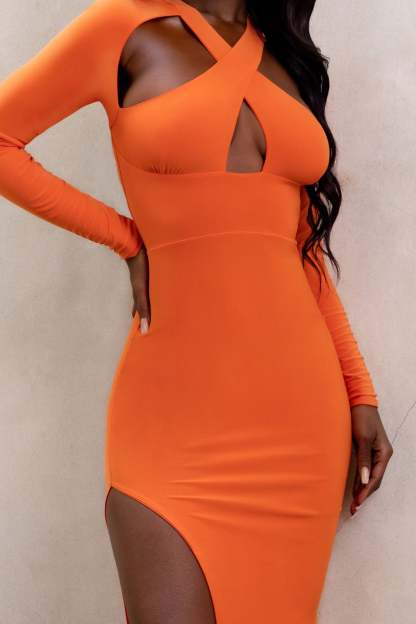 Athens Orange Halter Neck Cut Out Maxi Dress With Thigh Split-Fashionmomo.All Rights Reserved