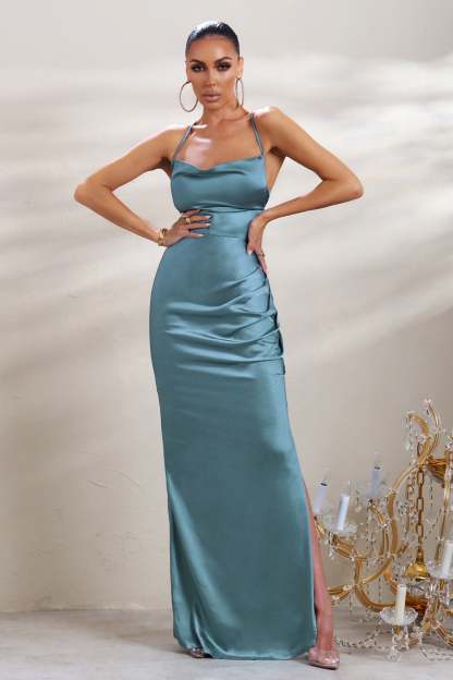 A-List Blue Satin Cowl Maxi Dress With Thigh Split-Fashionmomo.All Rights Reserved