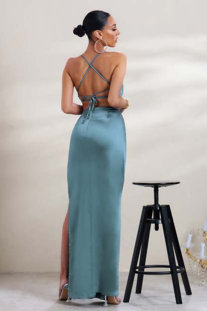 A-List Blue Satin Cowl Maxi Dress With Thigh Split-Fashionmomo.All Rights Reserved
