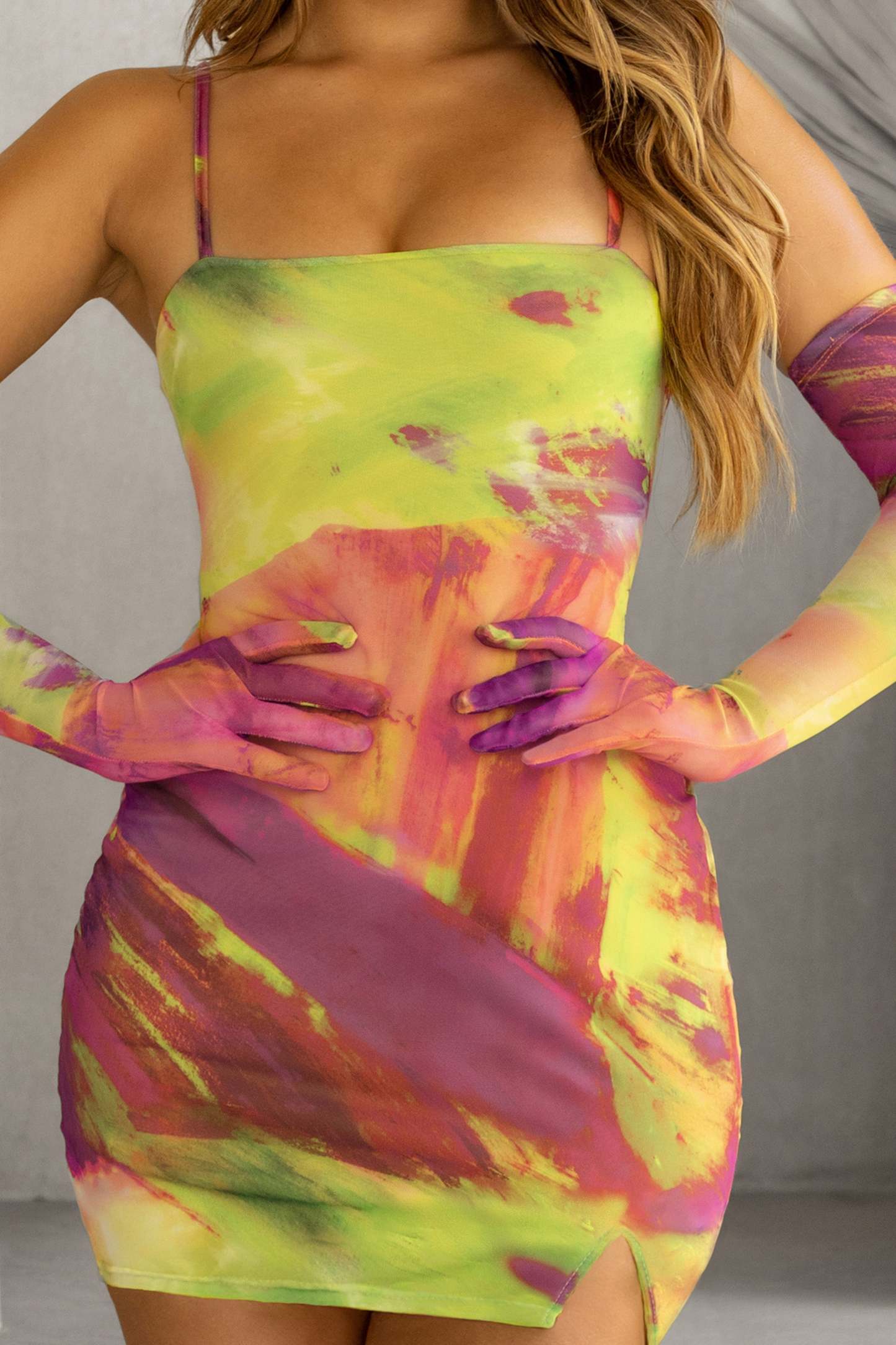Heat Wave Lime Print Square Neck Bodycon Mini Dress With Split Hem-Fashionmomo.All Rights Reserved