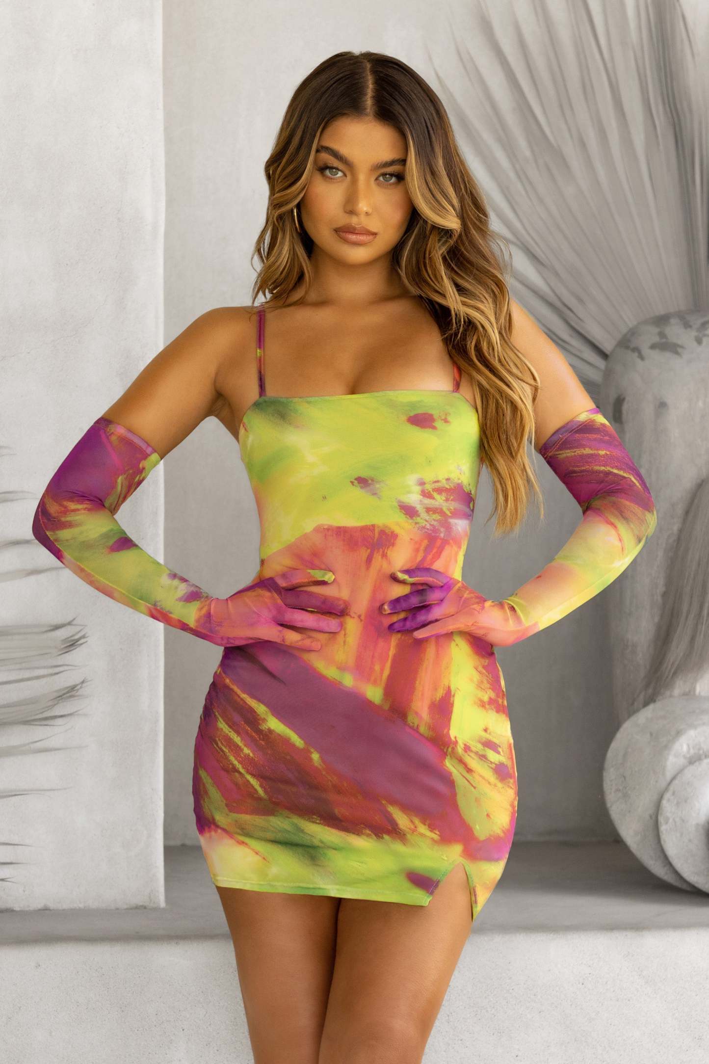 Heat Wave Lime Print Square Neck Bodycon Mini Dress With Split Hem-Fashionmomo.All Rights Reserved