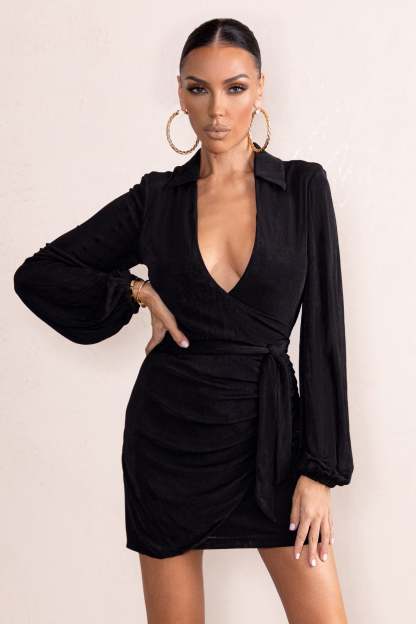 Hot Breeze Black Plunge Neck Belt Detail Puff Sleeves Mini Dress-Fashionmomo.All Rights Reserved