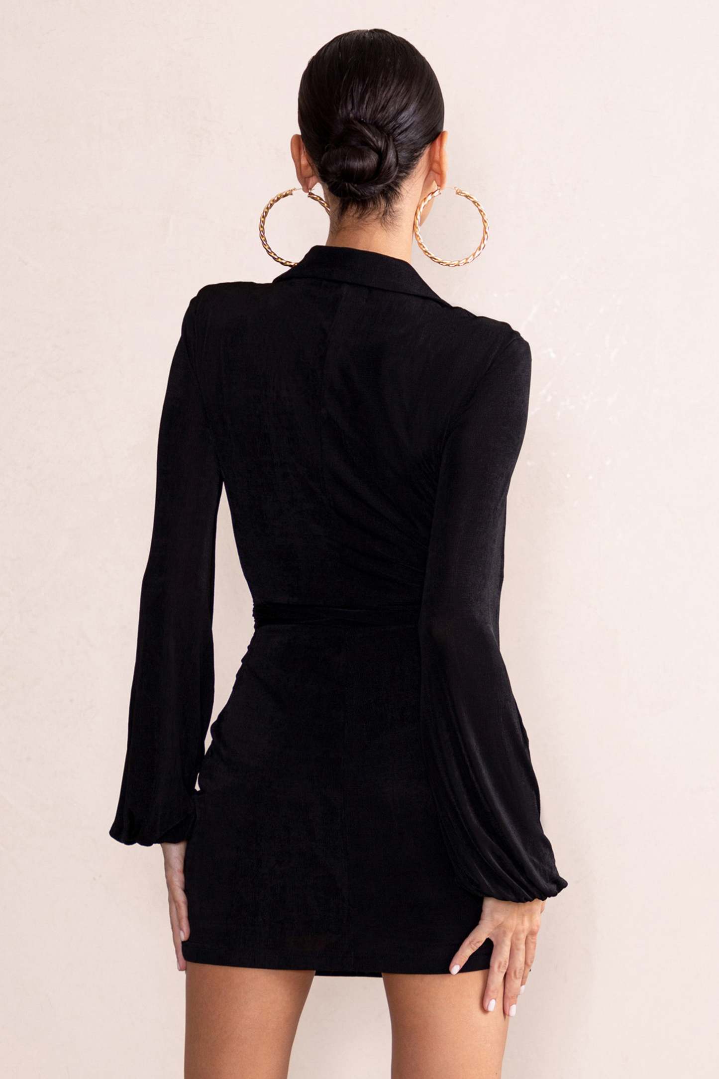 Hot Breeze Black Plunge Neck Belt Detail Puff Sleeves Mini Dress-Fashionmomo.All Rights Reserved