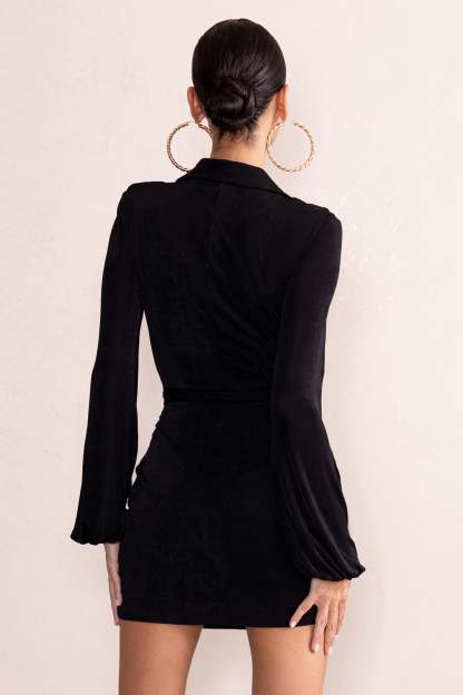 Hot Breeze Black Plunge Neck Belt Detail Puff Sleeves Mini Dress-Fashionmomo.All Rights Reserved