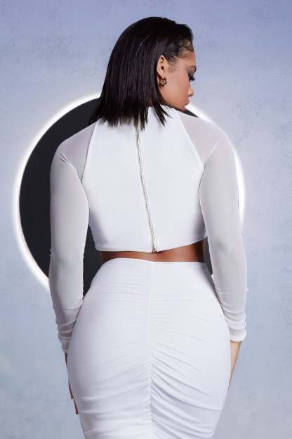 High Stakes White Mesh High Neck Ruched Detail Crop Top With Long Sleeves-Fashionmomo.All Rights Reserved