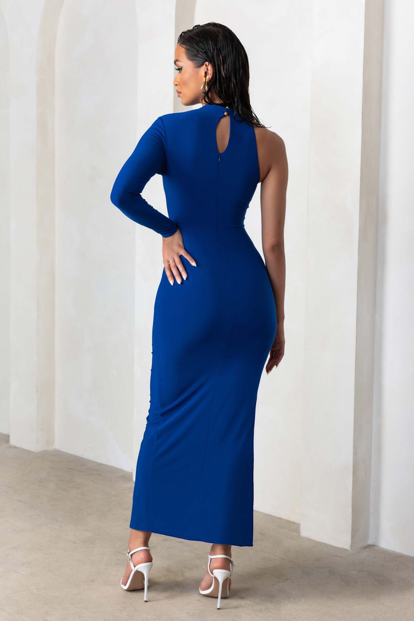 Follow Me Royal Blue High Neck One Sleeve Maxi Dress With Side Ruching-Fashionmomo.All Rights Reserved