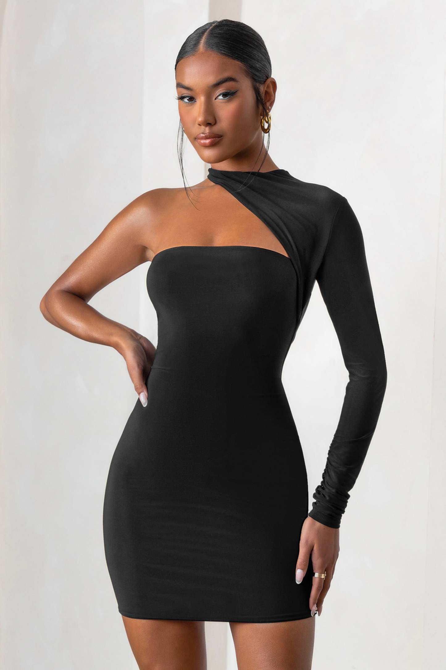 Perfect Touch Black One Shoulder Long Sleeve Mini Dress-Fashionmomo.All Rights Reserved