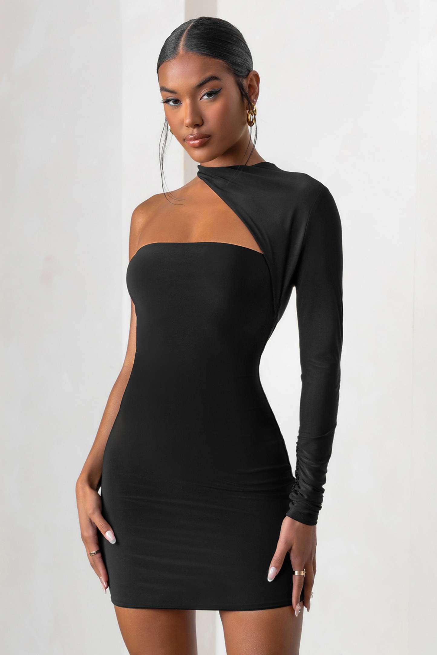 Perfect Touch Black One Shoulder Long Sleeve Mini Dress-Fashionmomo.All Rights Reserved