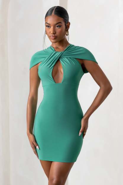 Fashionista Emerald Green Twist Front Mini Dress With Cut Out Detail-Fashionmomo.All Rights Reserved