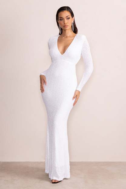 Amani White Sequin Plunge Neck Long Sleeves Fishtail Maxi Dress-Fashionmomo.All Rights Reserved