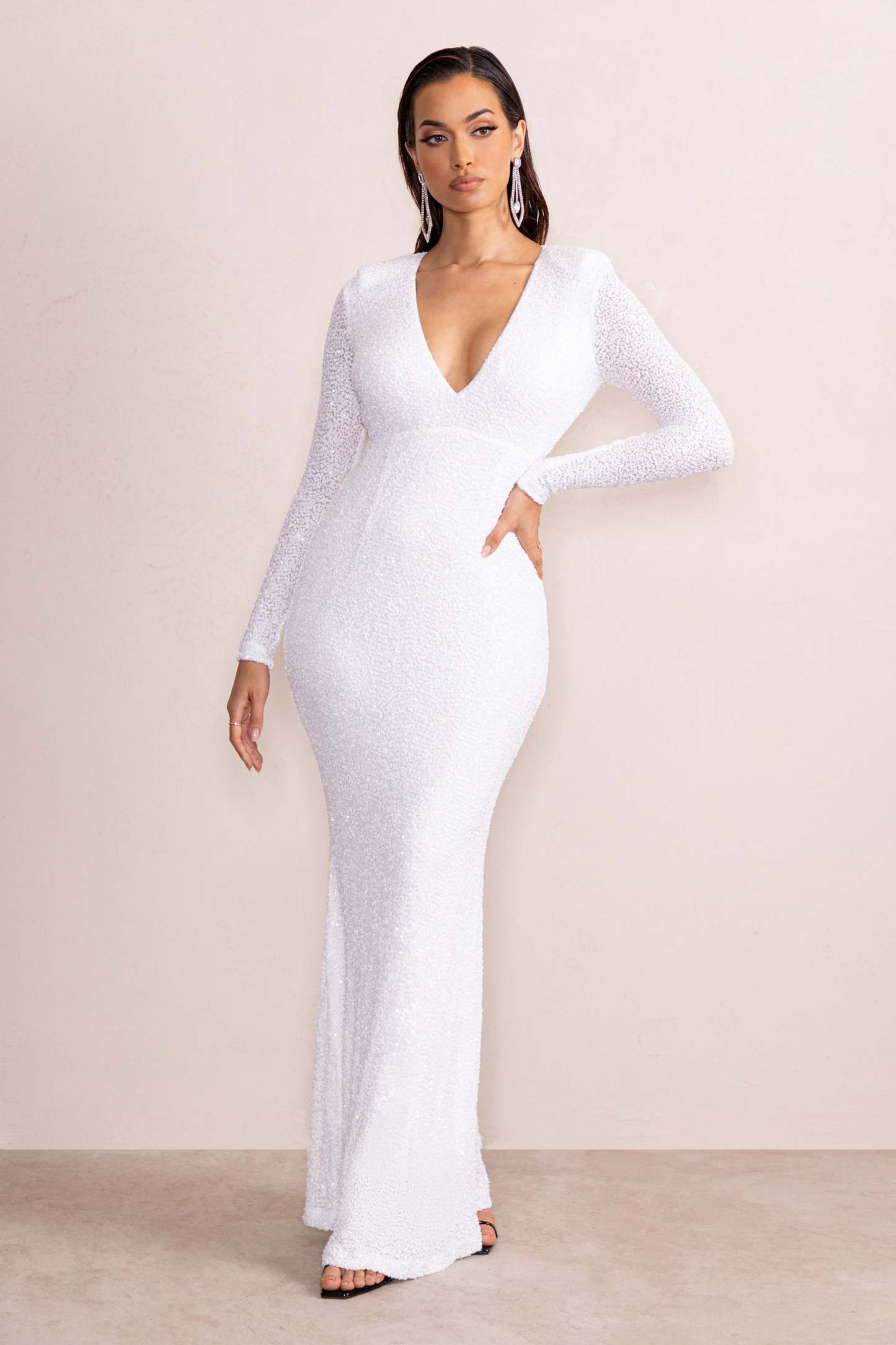 Amani White Sequin Plunge Neck Long Sleeves Fishtail Maxi Dress-Fashionmomo.All Rights Reserved