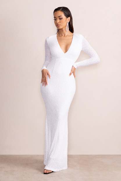 Amani White Sequin Plunge Neck Long Sleeves Fishtail Maxi Dress-Fashionmomo.All Rights Reserved