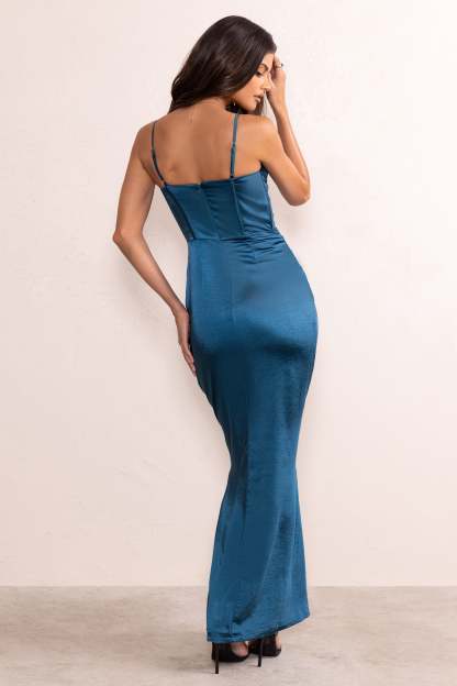 Alessandra Teal Satin Cupped Corset Bodice Maxi Dress With Thigh Split-Fashionmomo.All Rights Reserved