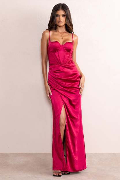 Alessandra Berry Red Satin Cupped Corset Bodice Maxi Dress With Thigh Split-Fashionmomo.All Rights Reserved