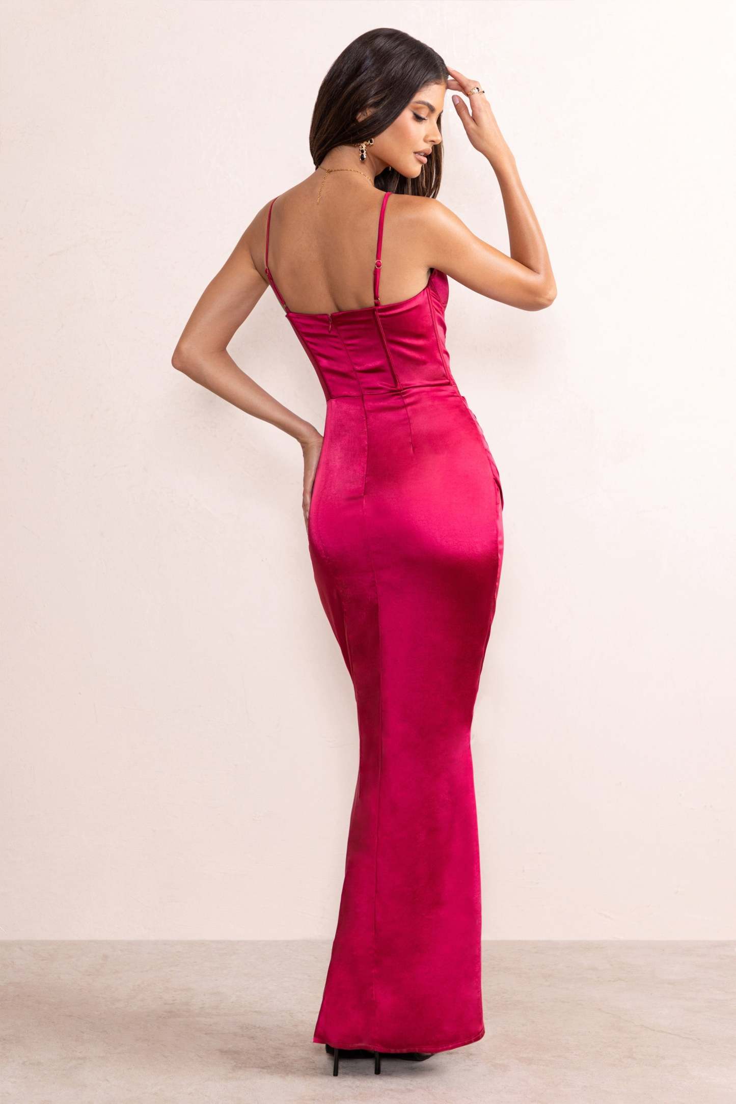 Alessandra Berry Red Satin Cupped Corset Bodice Maxi Dress With Thigh Split-Fashionmomo.All Rights Reserved