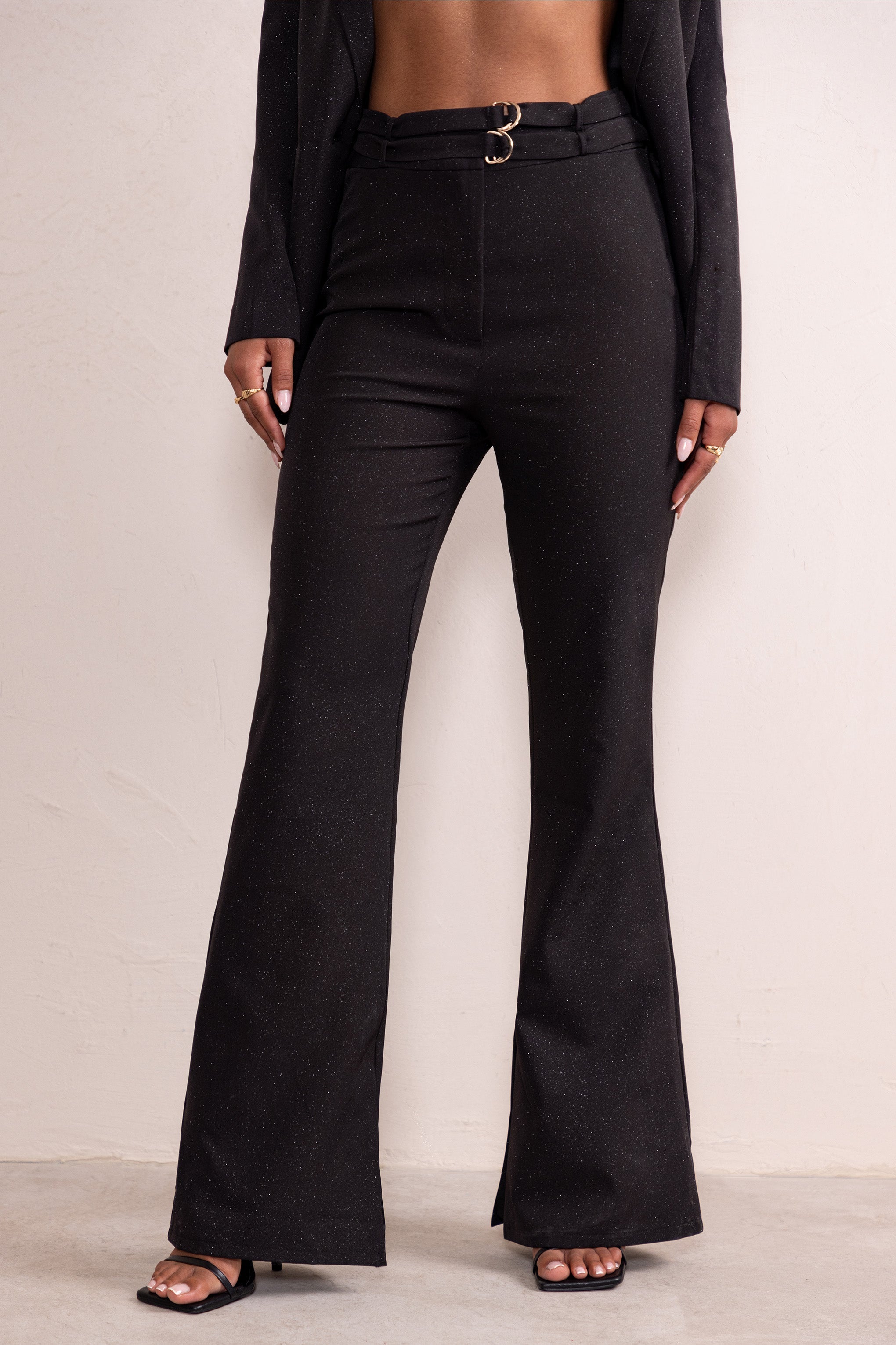 Alena Black Glitter High Waist Flared Trousers-Fashionmomo.All Rights Reserved