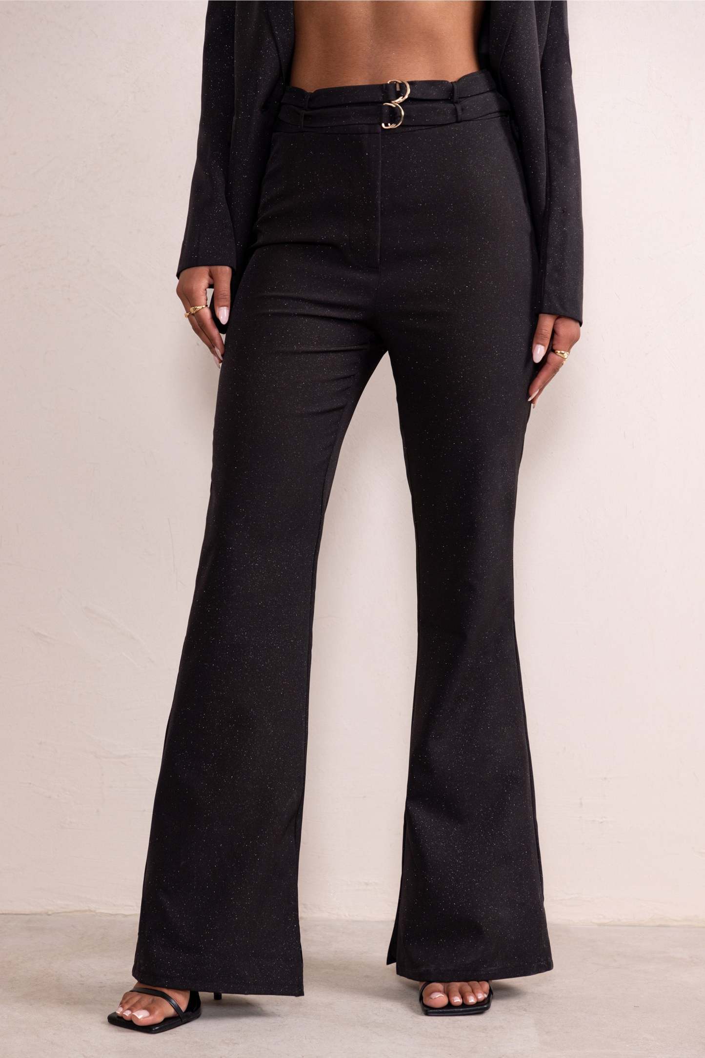 Alena Black Glitter High Waist Flared Trousers-Fashionmomo.All Rights Reserved