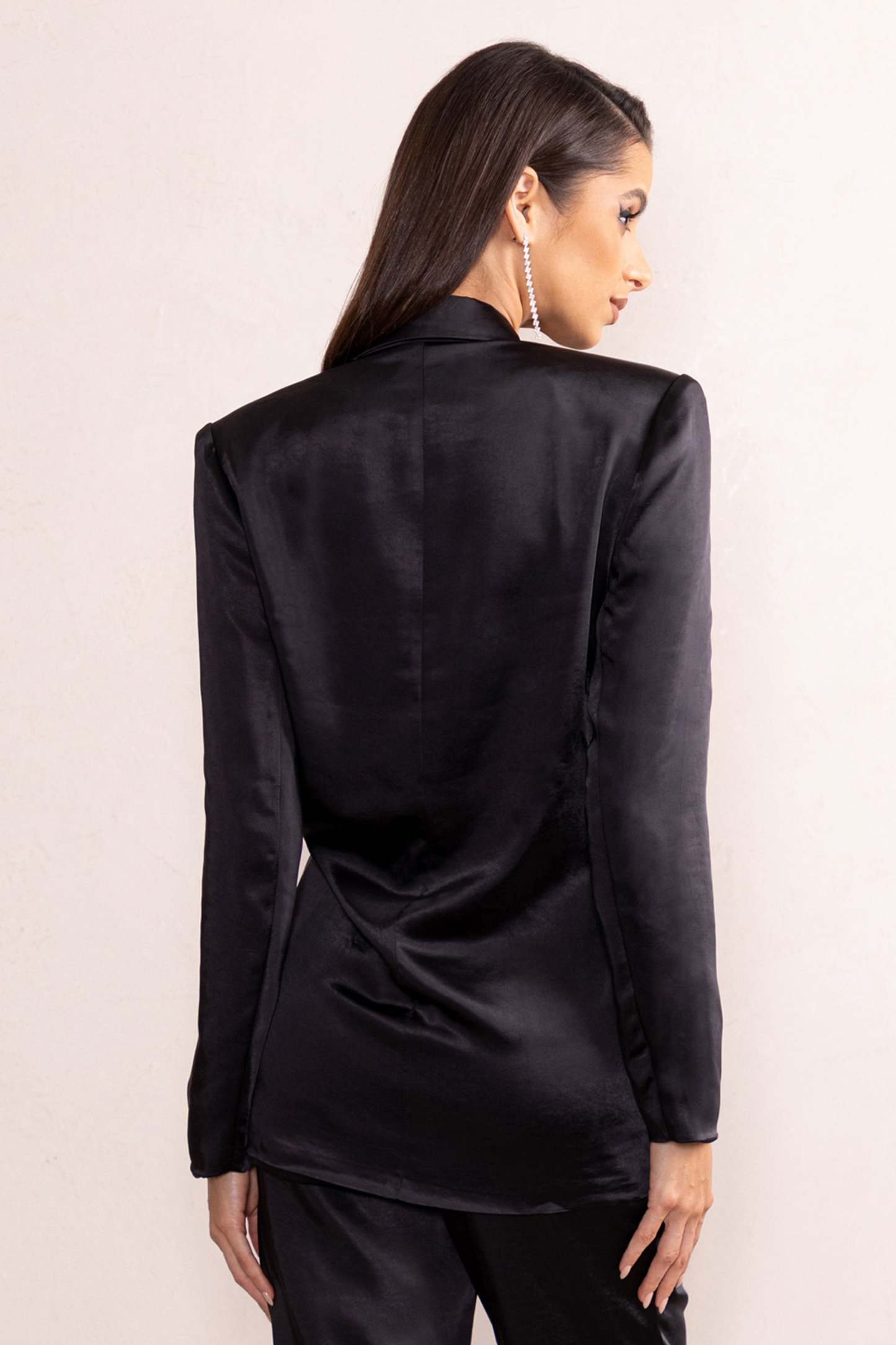 Arabella Black Satin Plunge Neck Oversized Blazer-Fashionmomo.All Rights Reserved