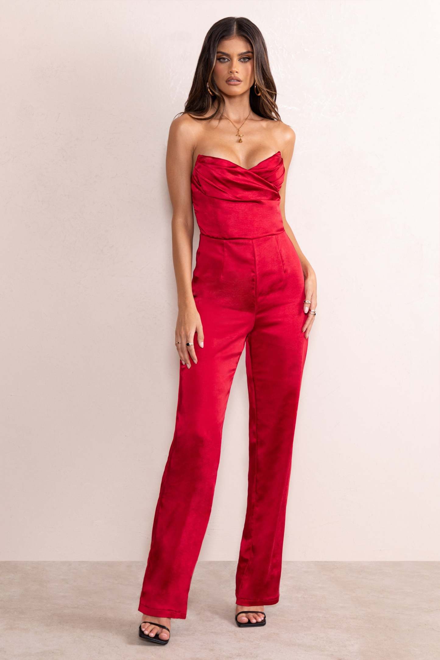 Amiah Berry Red Satin Strapless Straight Leg Jumpsuit-Fashionmomo.All Rights Reserved
