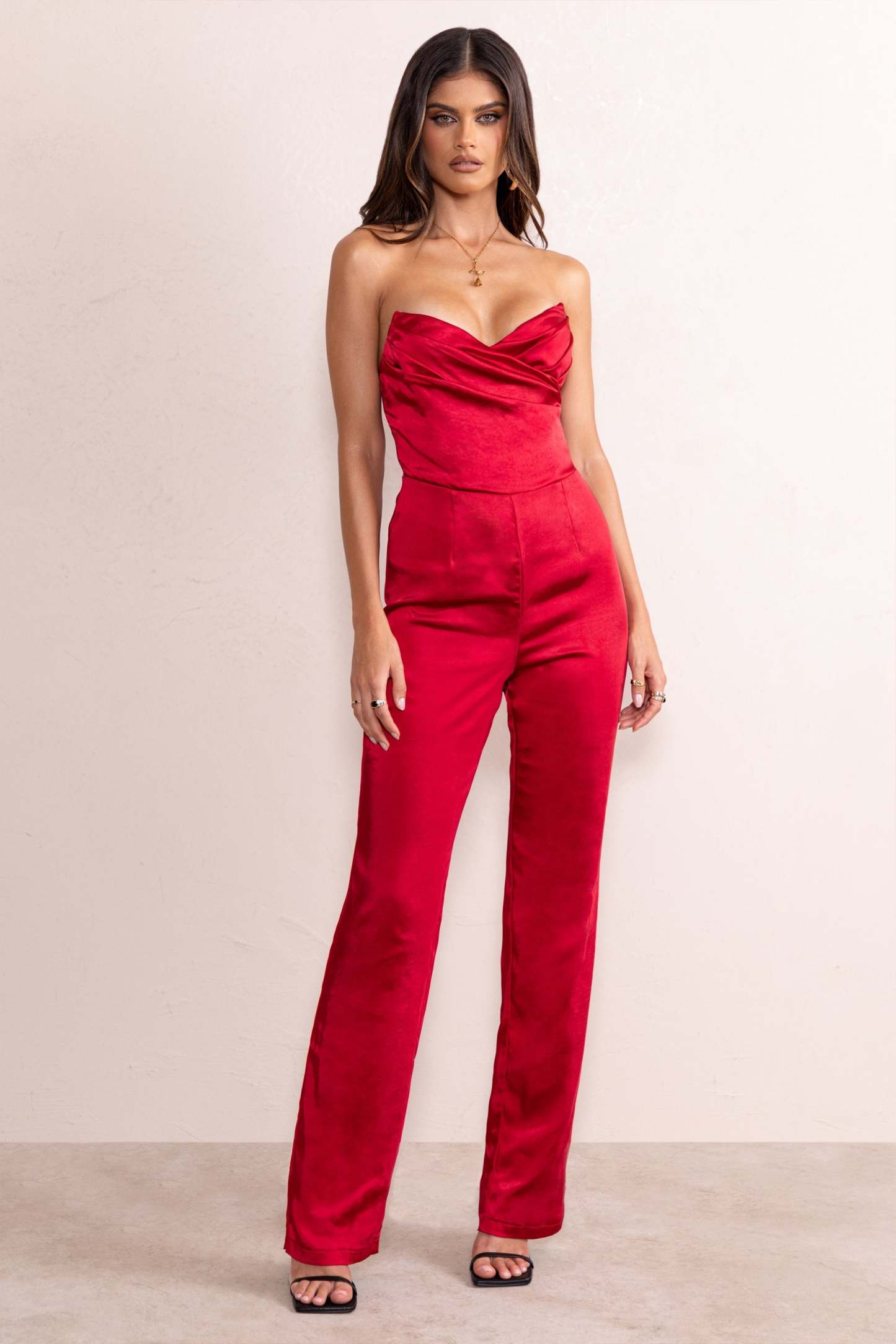 Amiah Berry Red Satin Strapless Straight Leg Jumpsuit-Fashionmomo.All Rights Reserved