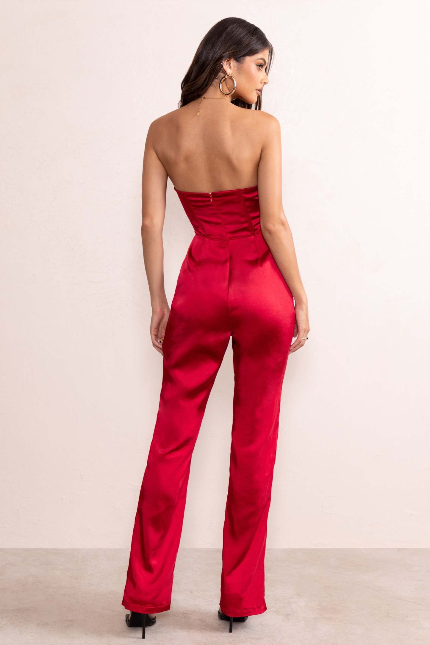 Amiah Berry Red Satin Strapless Straight Leg Jumpsuit-Fashionmomo.All Rights Reserved