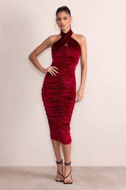 Hourglass Berry Velvet Halterneck Ruched Midi Dress-Fashionmomo.All Rights Reserved