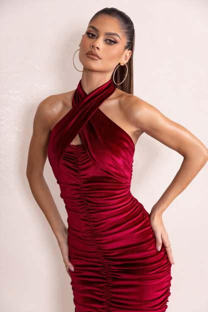 Hourglass Berry Velvet Halterneck Ruched Midi Dress-Fashionmomo.All Rights Reserved