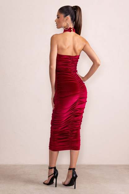 Hourglass Berry Velvet Halterneck Ruched Midi Dress-Fashionmomo.All Rights Reserved