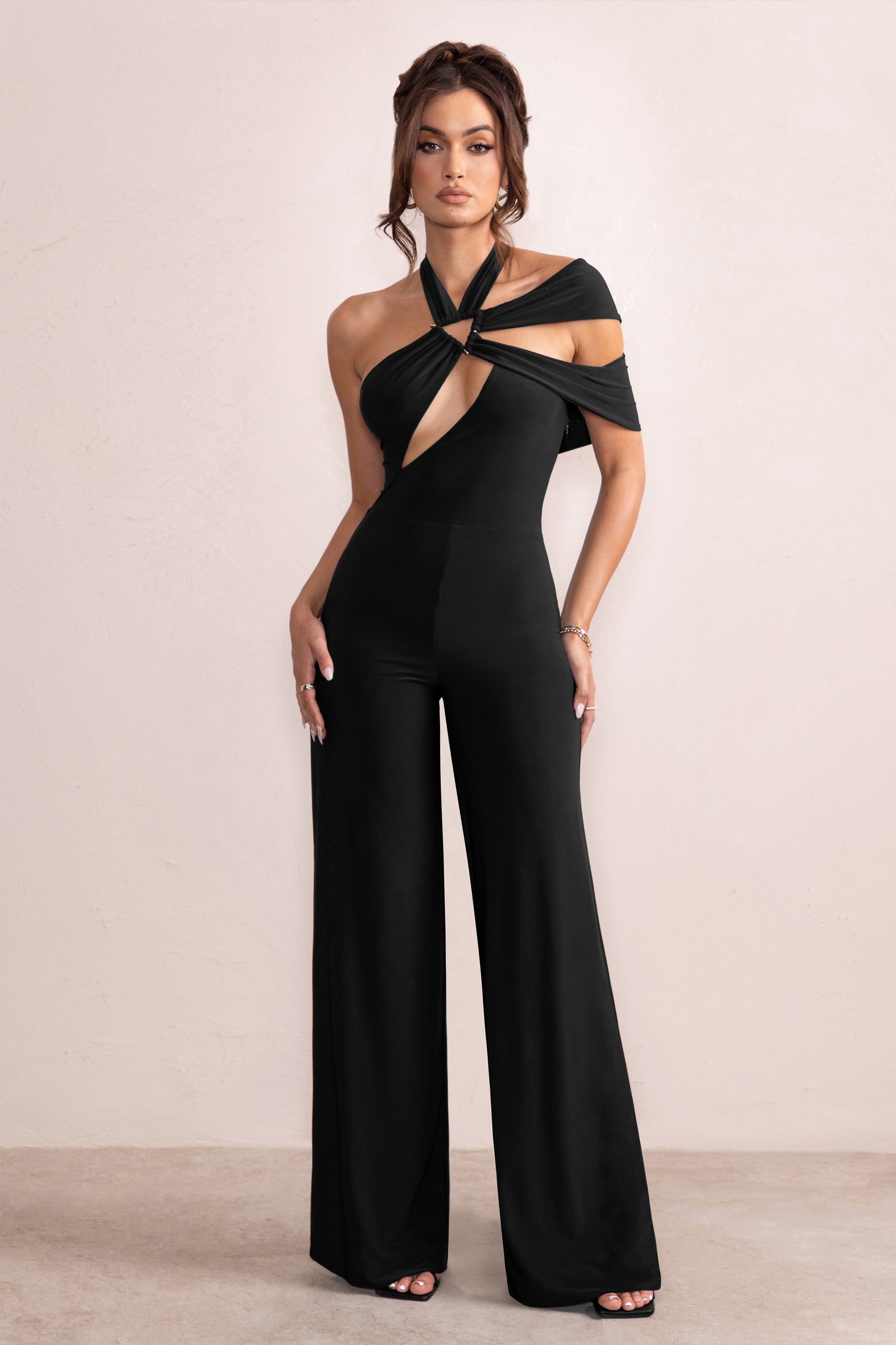 Candace Black Halter Neck Cut Out Wide Leg Jumpsuit-Fashionmomo.All Rights Reserved