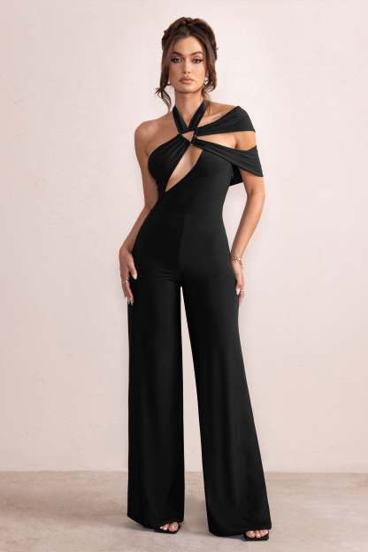 Candace Black Halter Neck Cut Out Wide Leg Jumpsuit-Fashionmomo.All Rights Reserved