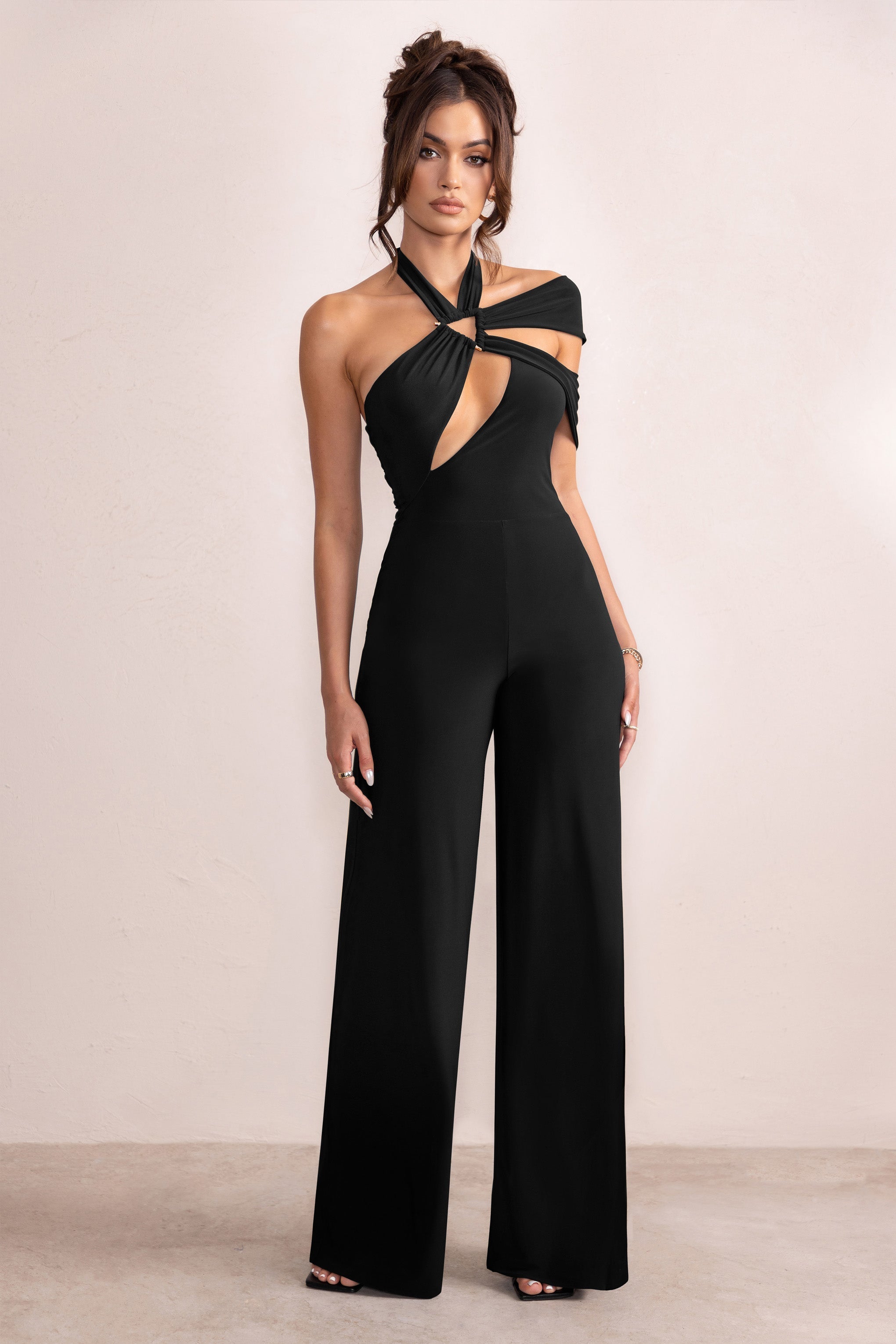 Candace Black Halter Neck Cut Out Wide Leg Jumpsuit-Fashionmomo.All Rights Reserved