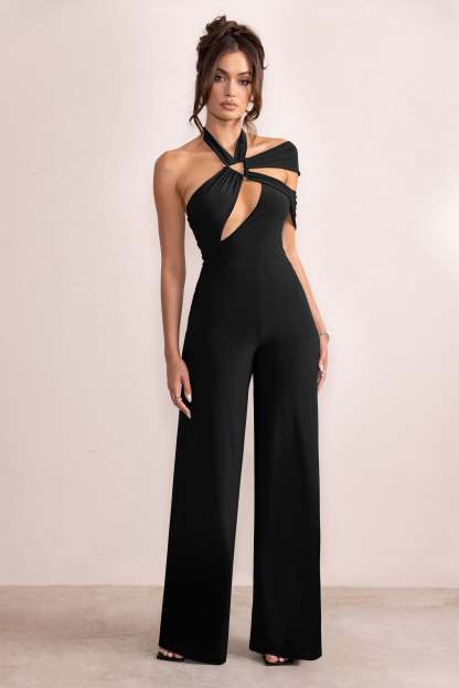 Candace Black Halter Neck Cut Out Wide Leg Jumpsuit-Fashionmomo.All Rights Reserved