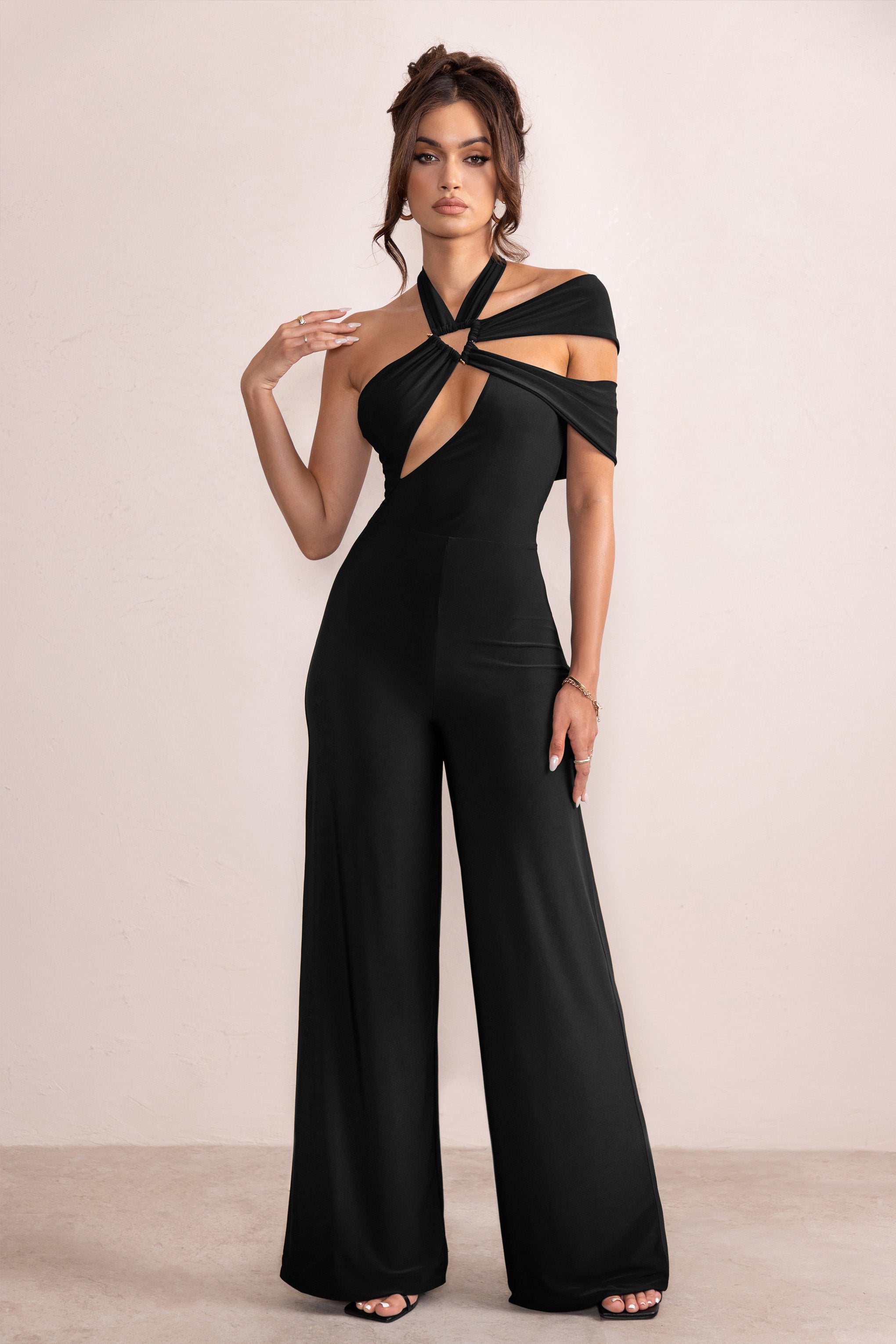 Candace Black Halter Neck Cut Out Wide Leg Jumpsuit-Fashionmomo.All Rights Reserved