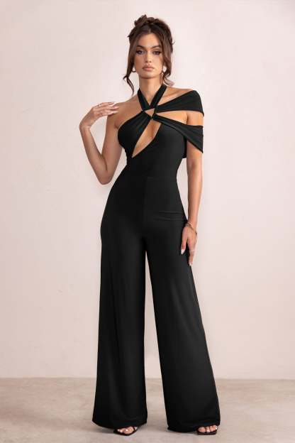 Candace Black Halter Neck Cut Out Wide Leg Jumpsuit-Fashionmomo.All Rights Reserved