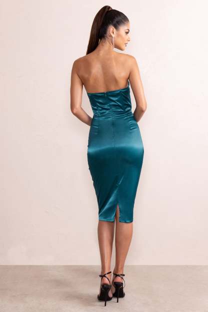 Anne Teal Satin Layered Corset Detail Midi Dress-Fashionmomo.All Rights Reserved